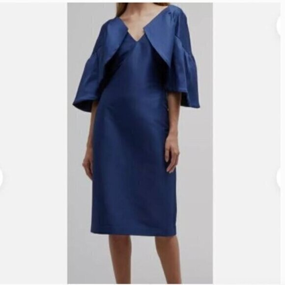 NWT Badgley Mischka Silky Navy Dress with Ruffled Drama Sleeves - Picture 1 of 9